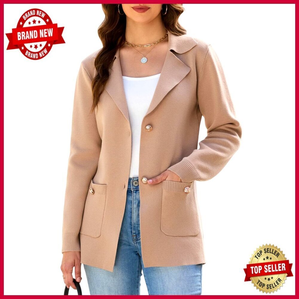 Long Sleeve Open Front Blazer with Pockets, Business Casual Soft Knit